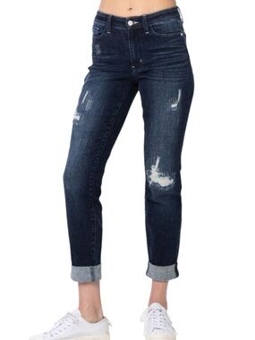 Judy Blue Stitched Destroyed Double Cuff  Mid Rise Boyfriend Jeans NWOT